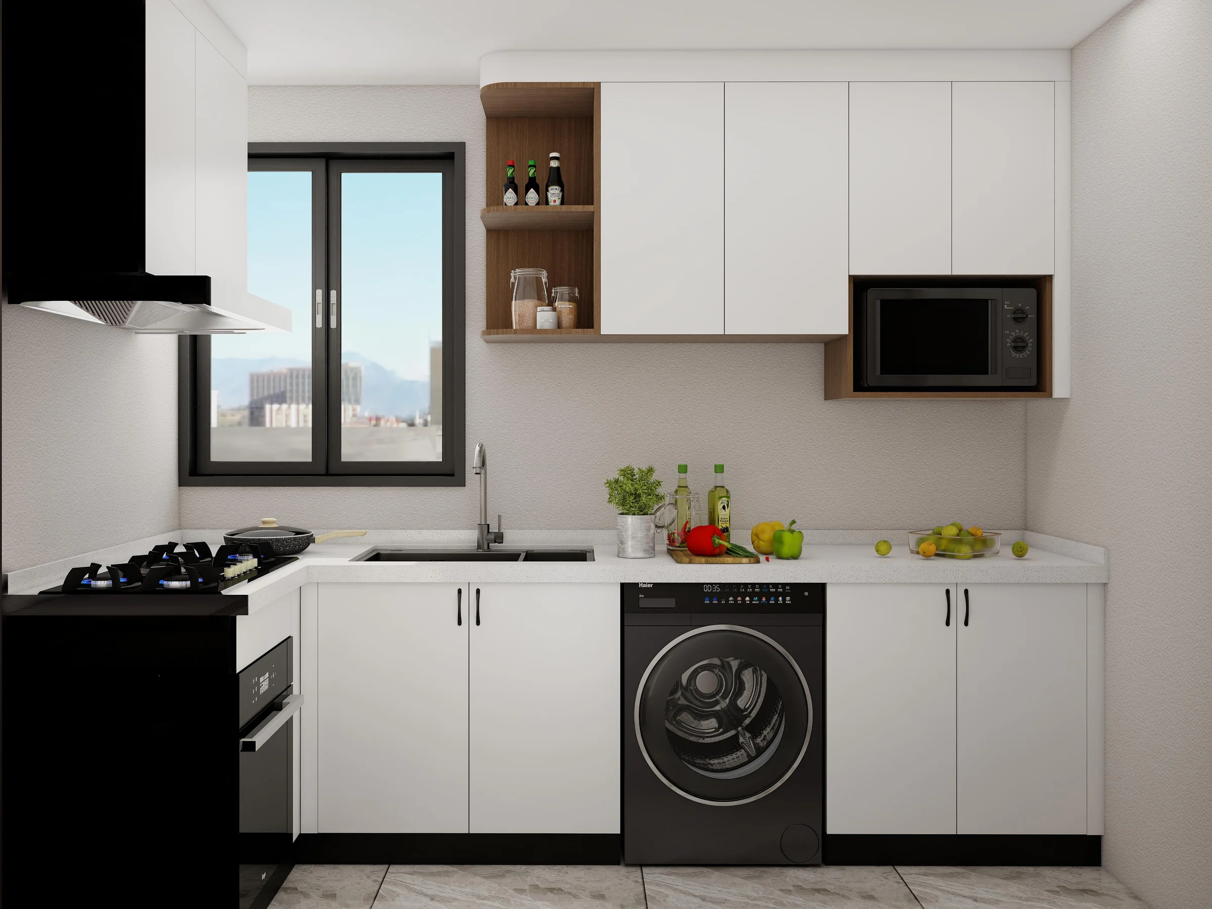 Laundry room cabinets surrounding washer dryer and worktop