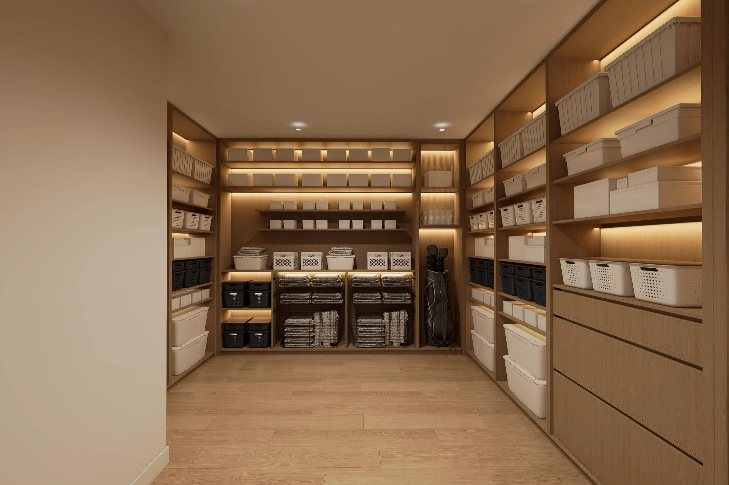 Completed mudroom and hallway storage wall
