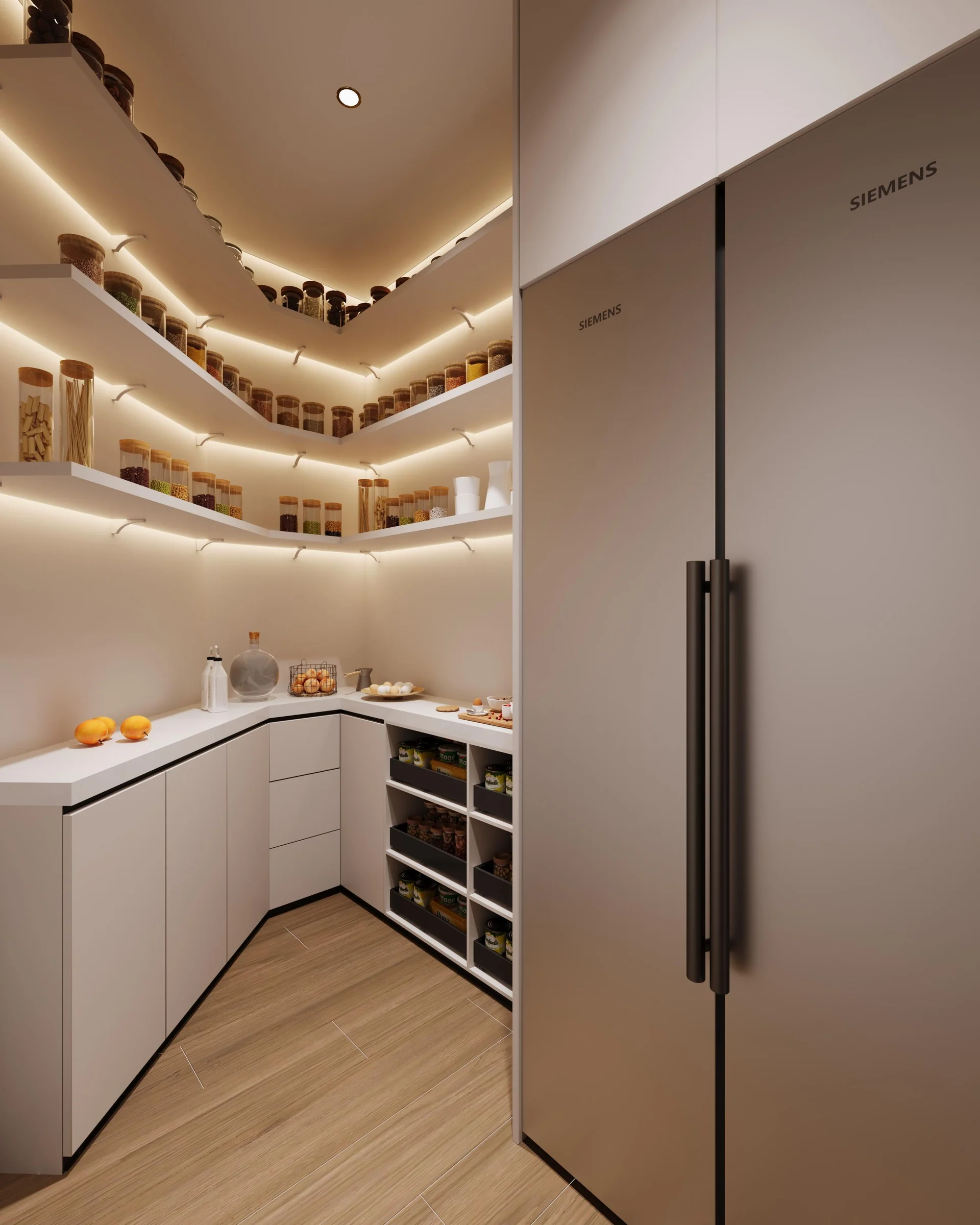 Full-height utility storage along a hallway