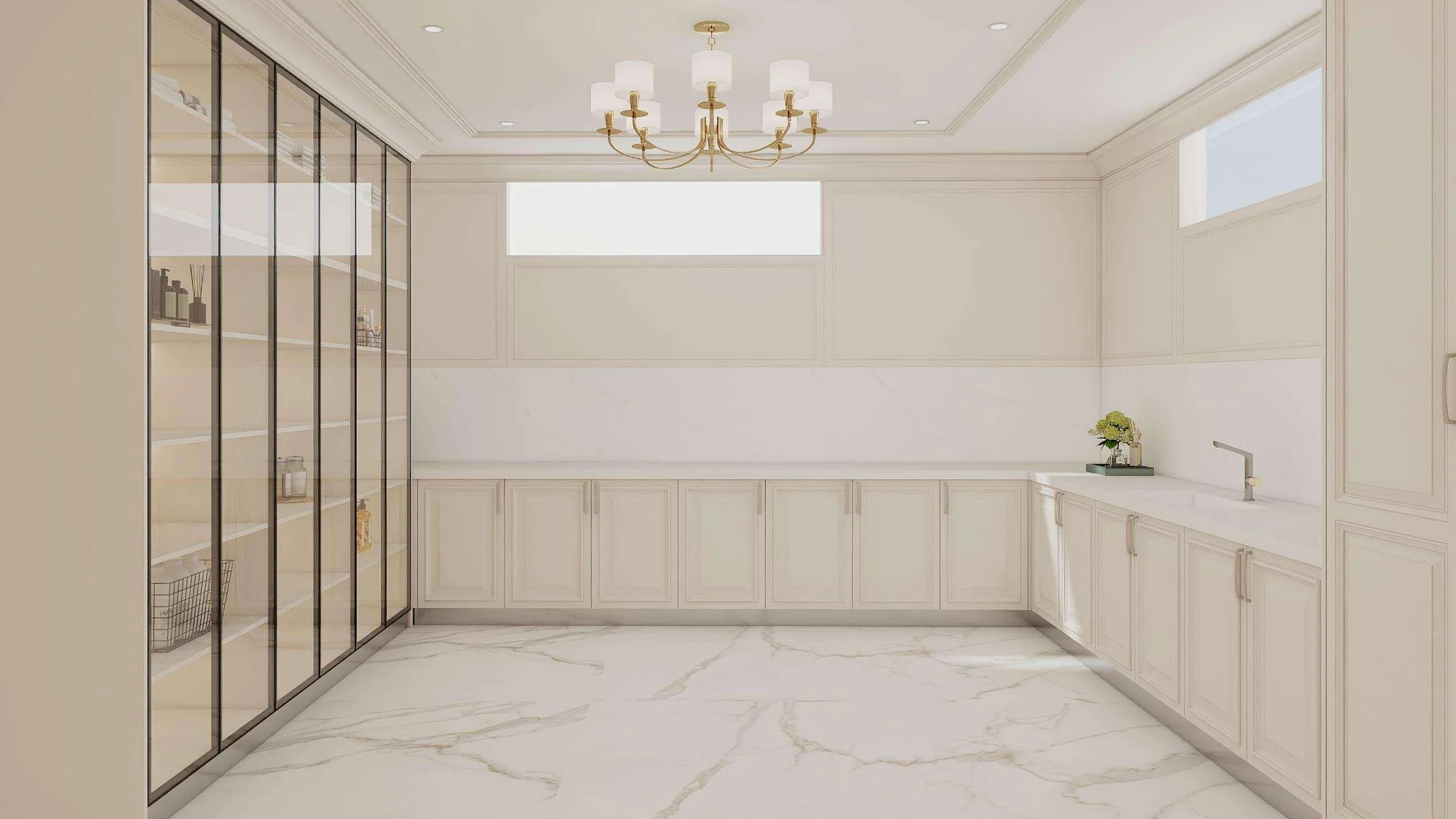 Entryway cabinet interior with shoe shelves and accessory drawers