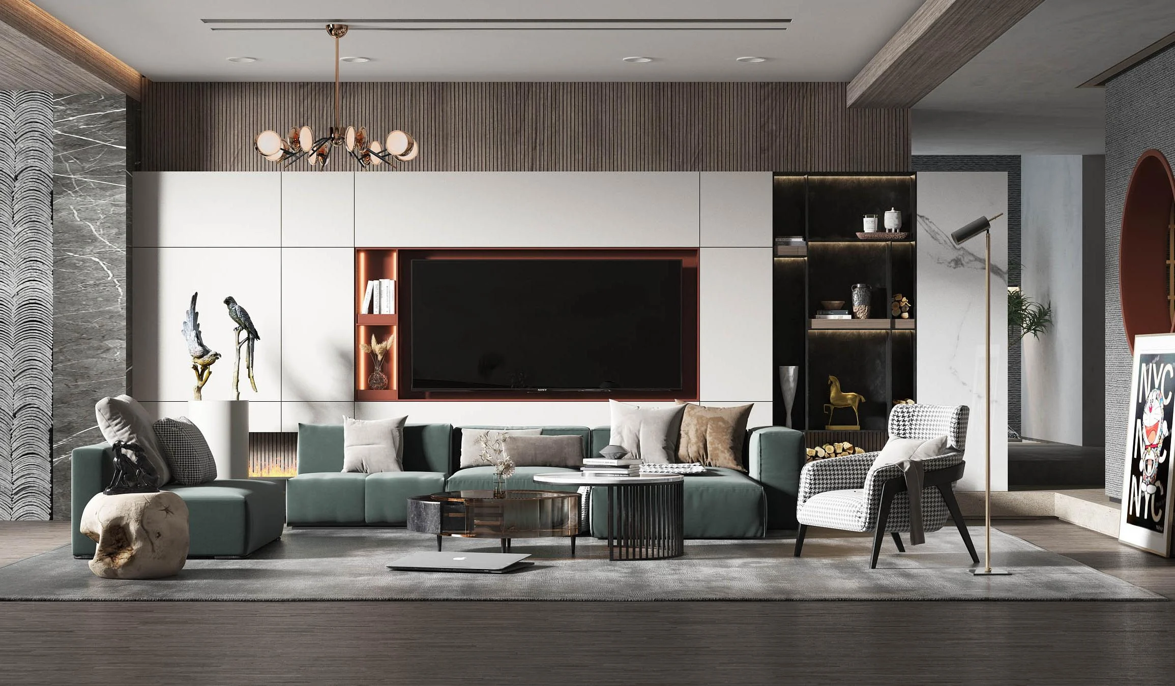 TV media wall with integrated storage cabinets