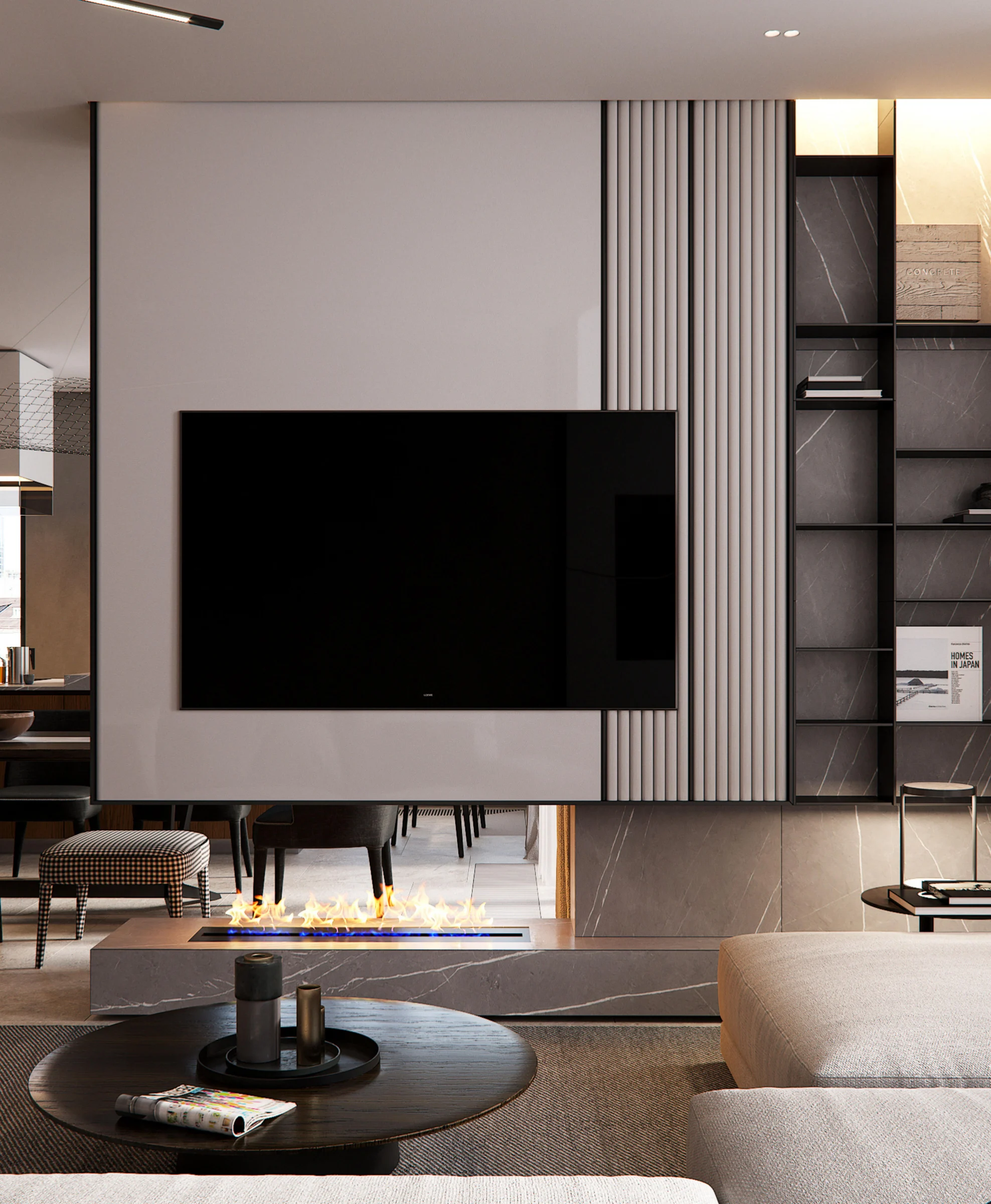 Wall-mounted TV above low media console