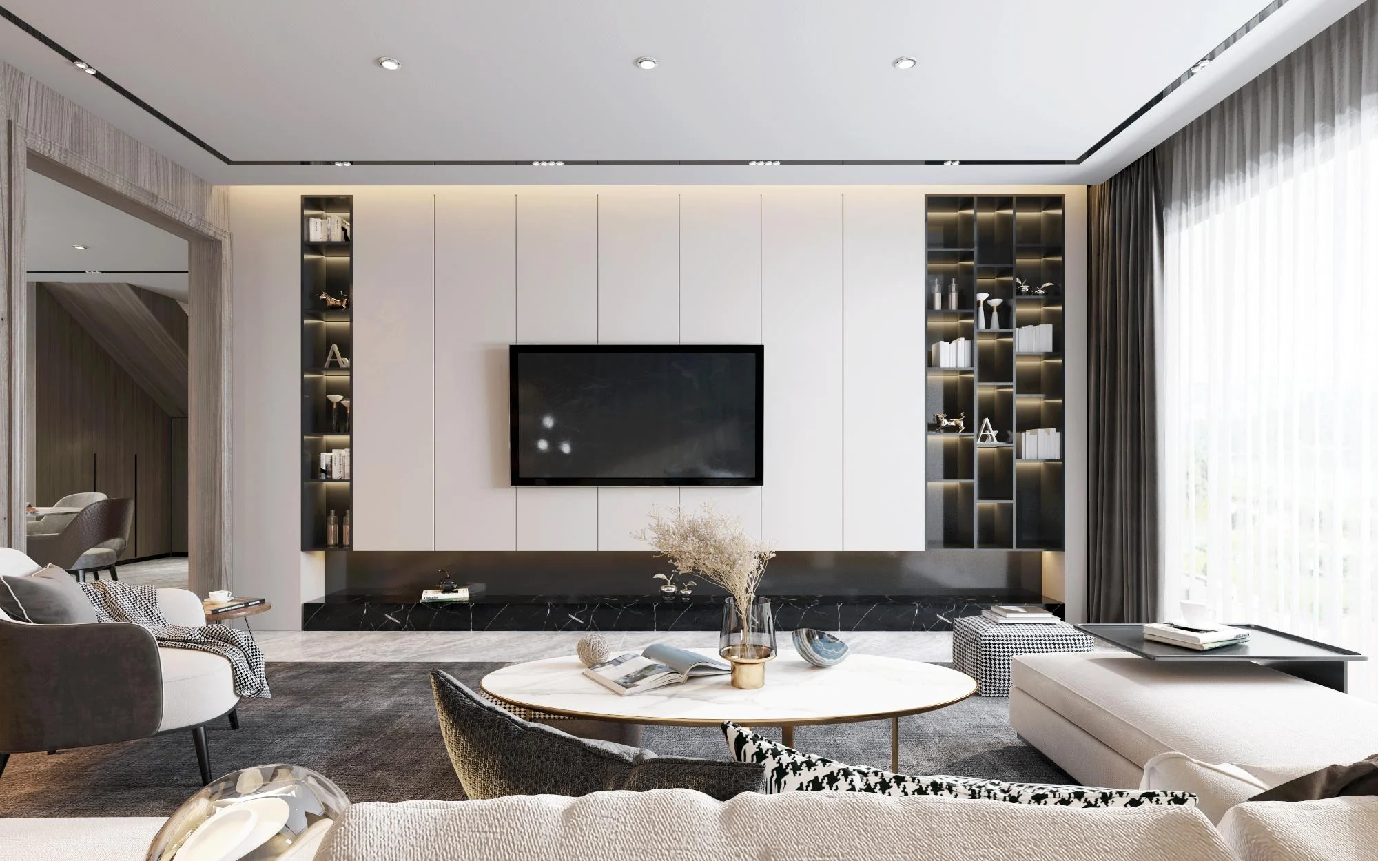 Media wall with illuminated display shelving