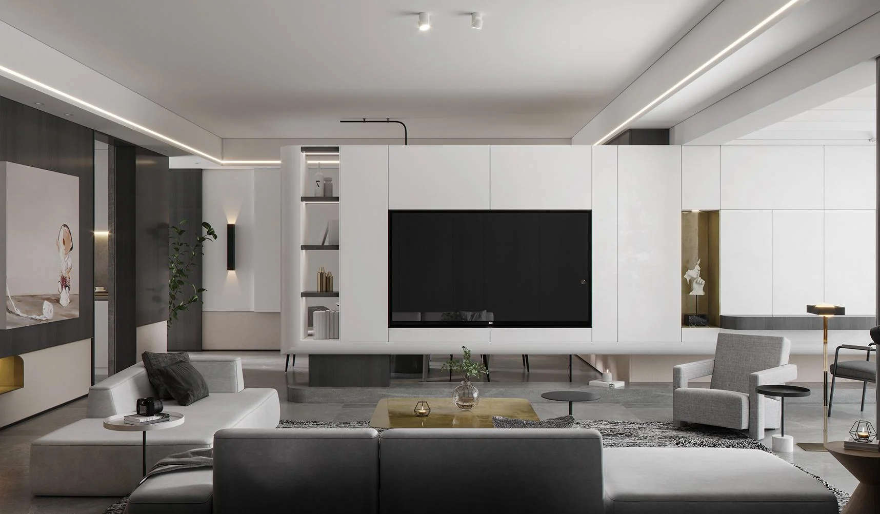Media cabinet with low storage and screen panel