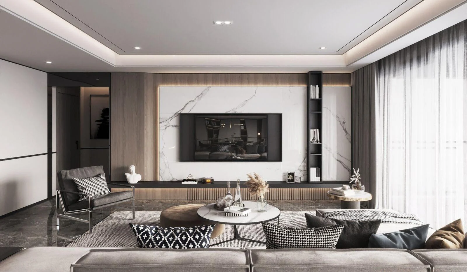 Living room media wall with illuminated display
