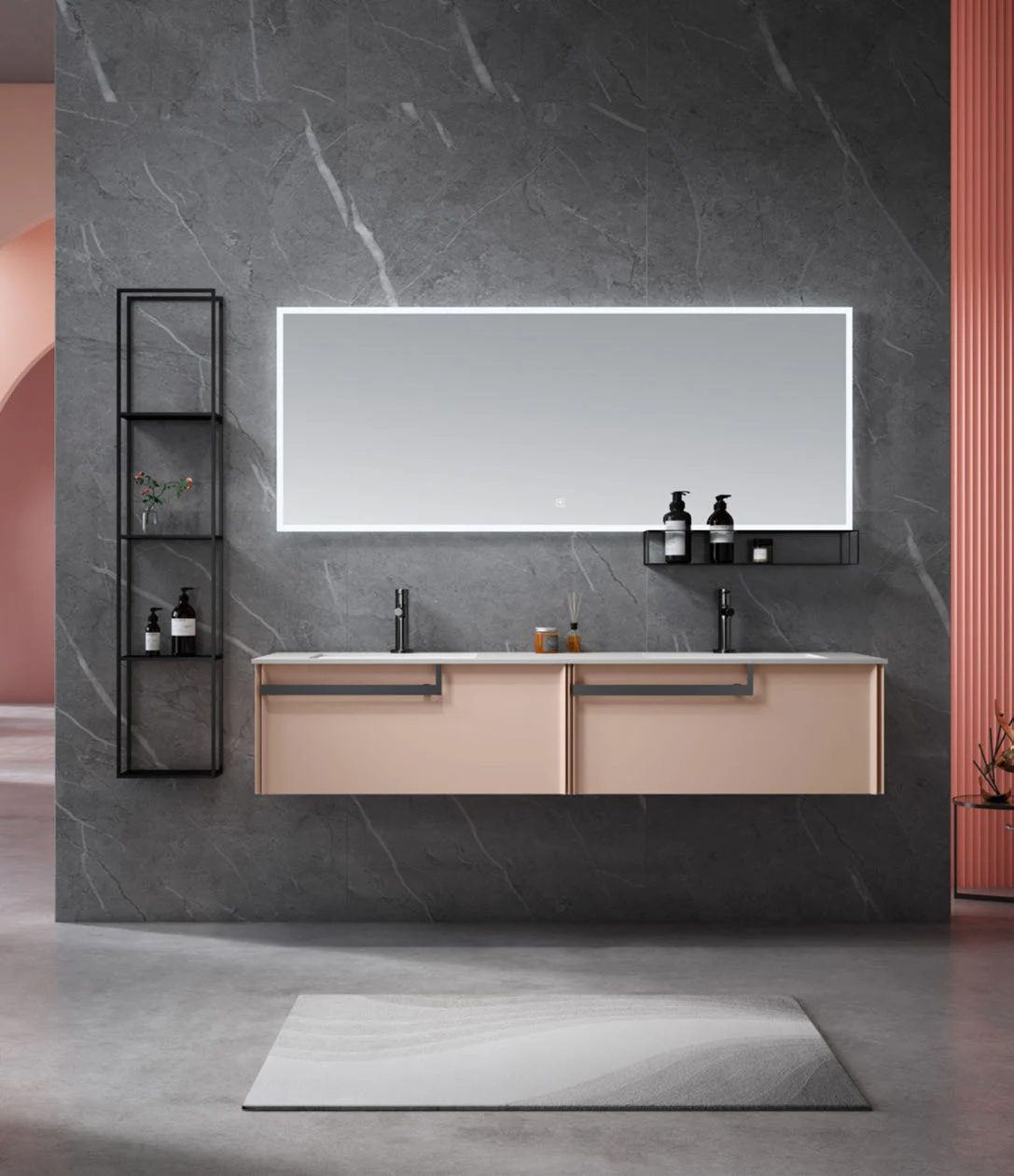 Symmetrical double-sink bathroom vanity