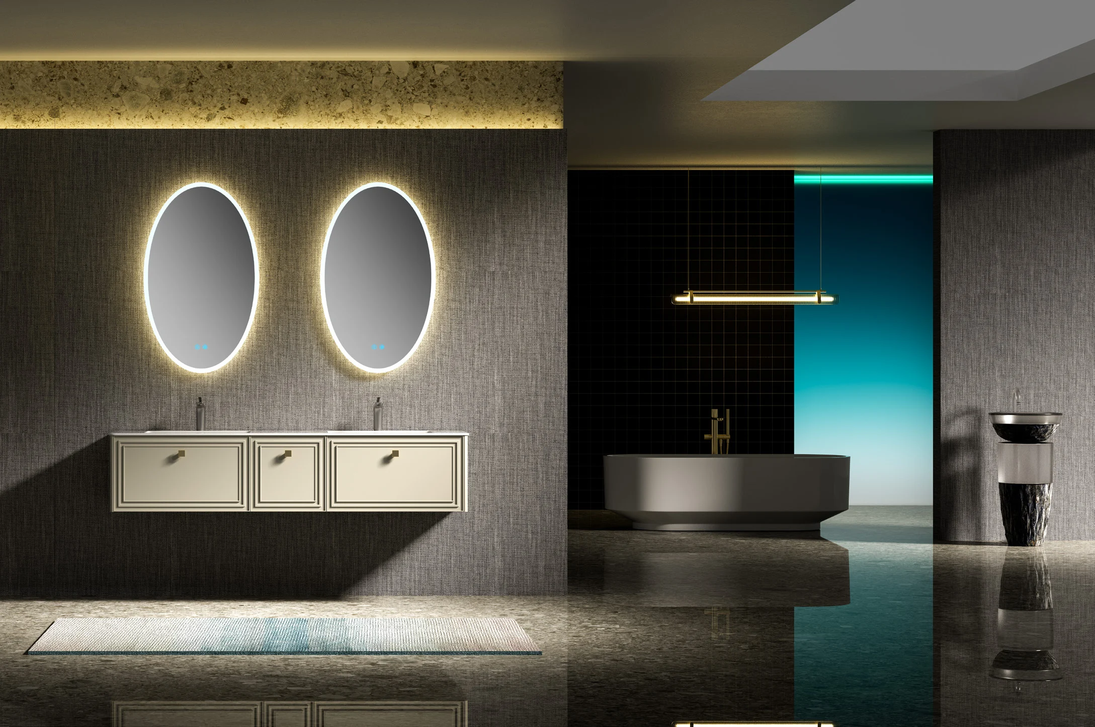 Double vanity with shared centre storage