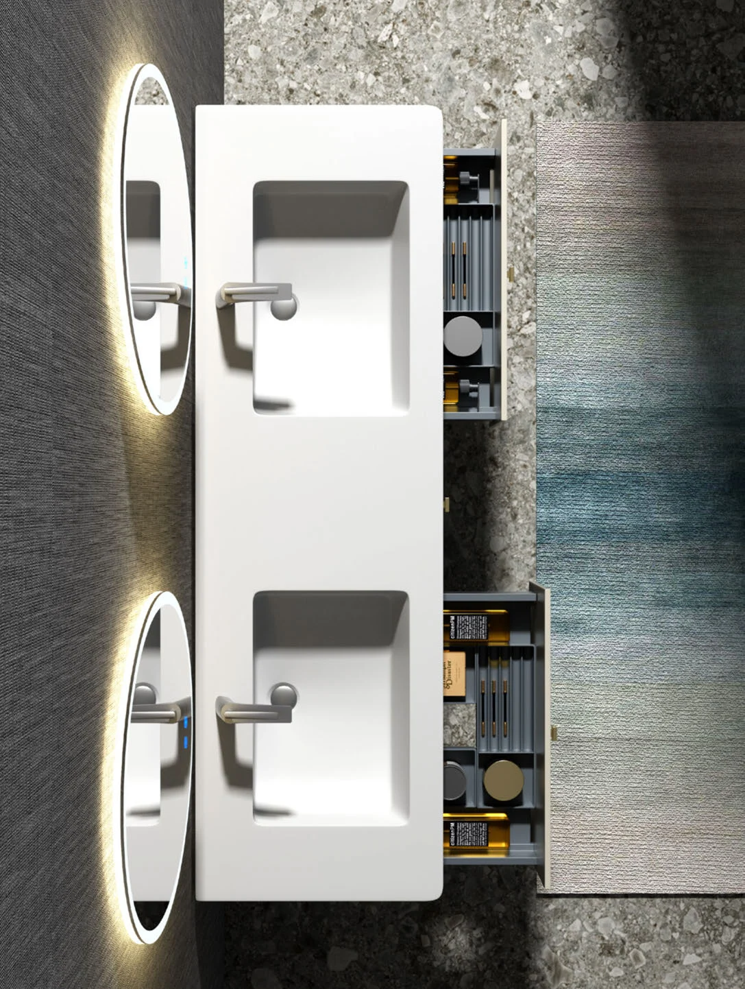 Asymmetric double-sink vanity composition