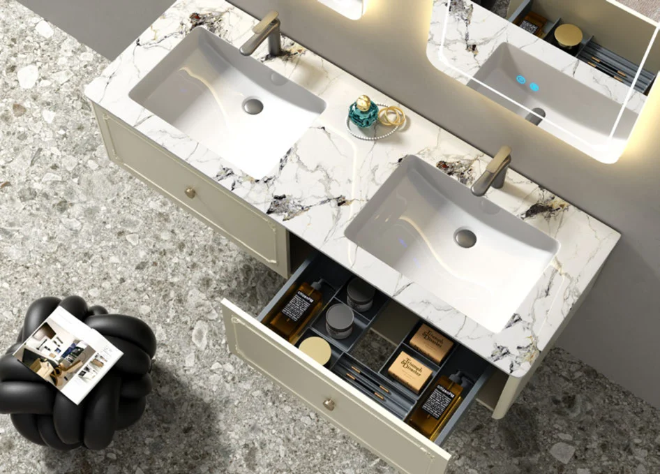 Double vanity with two basin and mirror centres