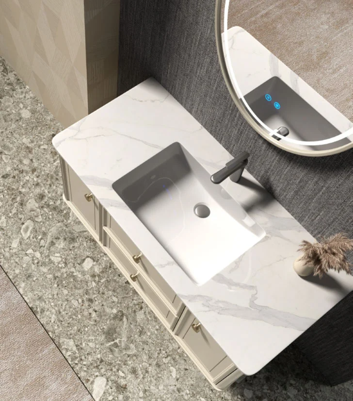 Wide vanity drawers organised around two waste zones