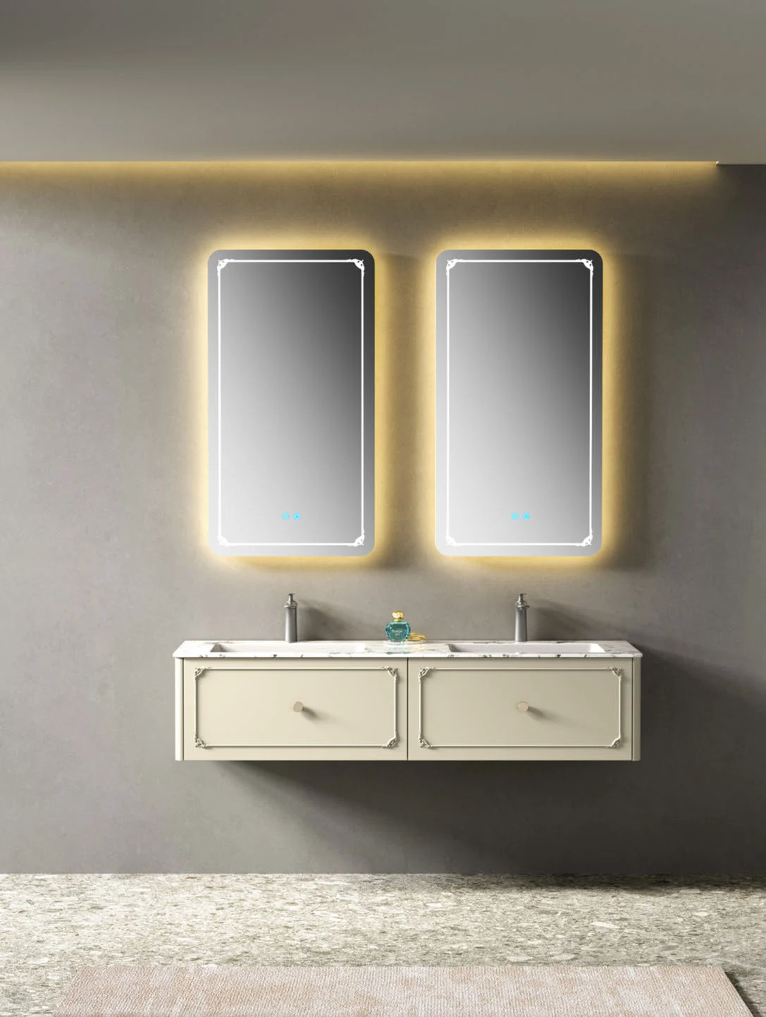 Double bathroom vanity with paired basins and drawer storage