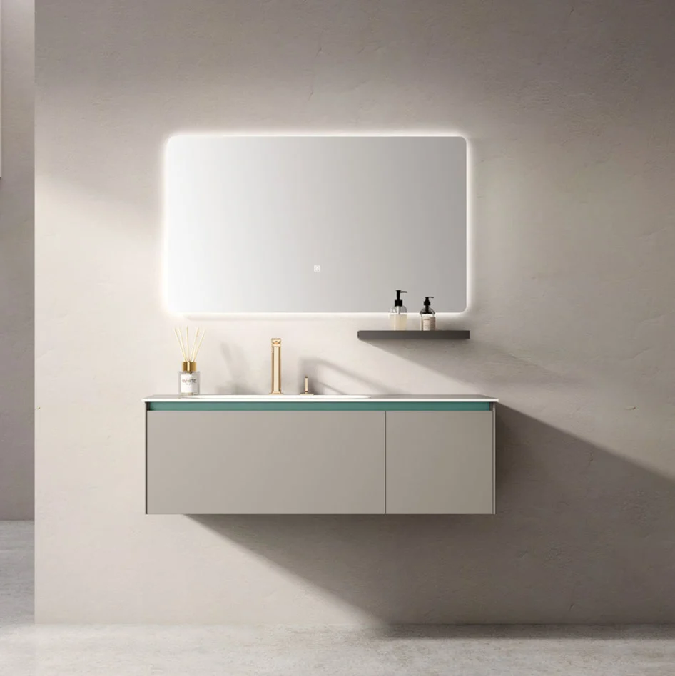 Completed floating vanity in a contemporary bathroom