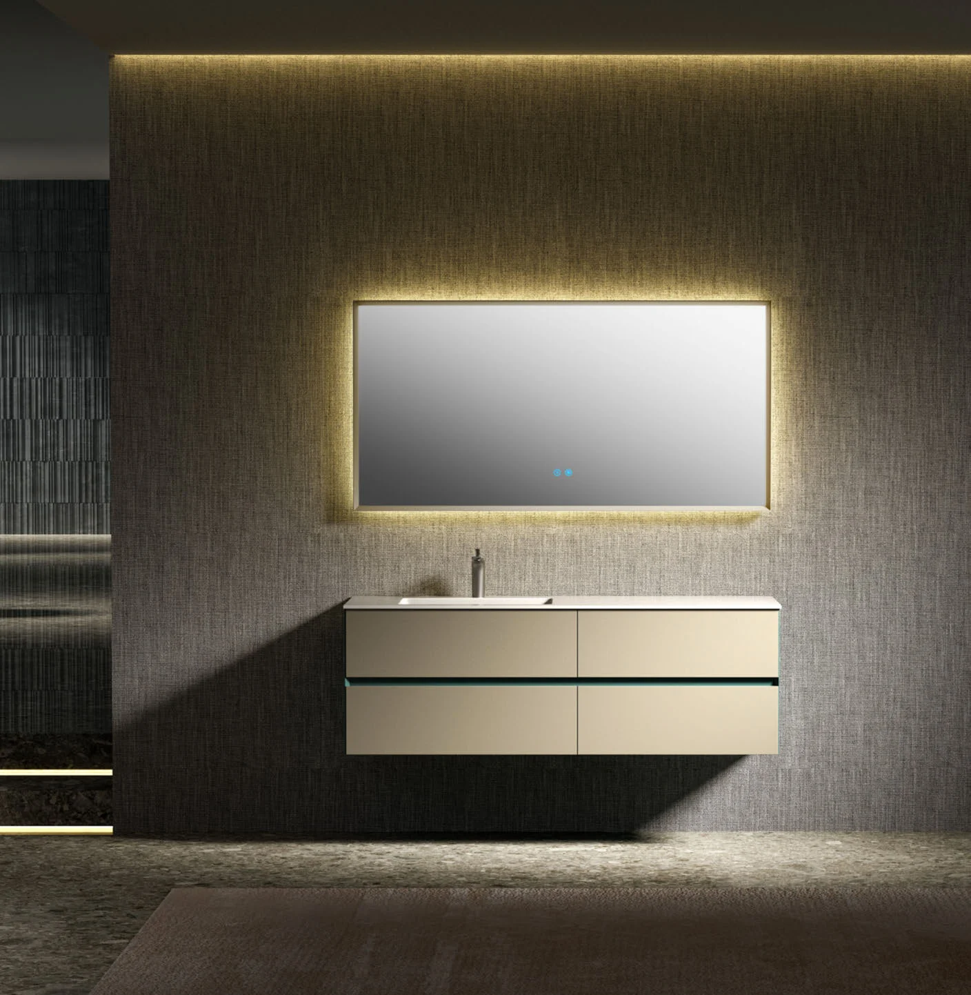 Asymmetric floating vanity with open shelf