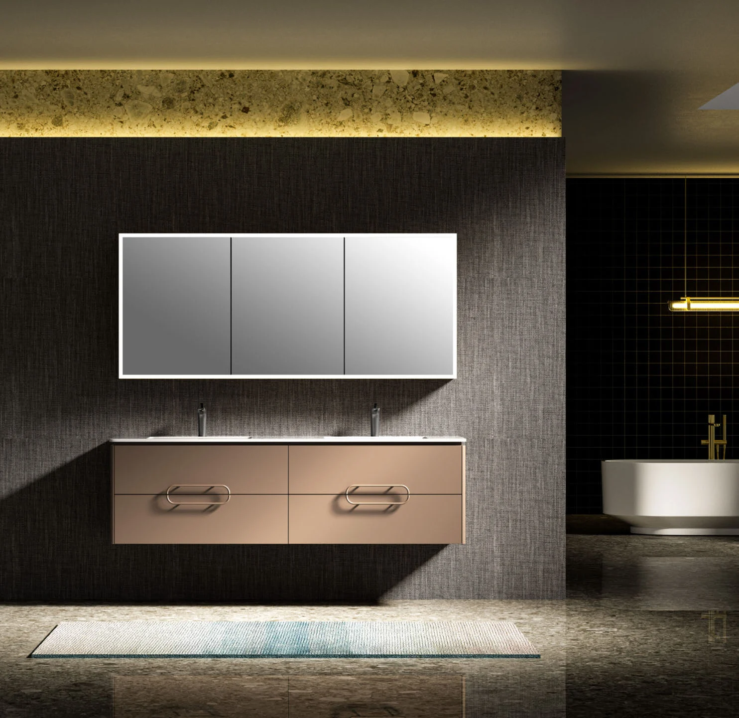 Wall-mounted floating bathroom vanity with drawers and illuminated mirror