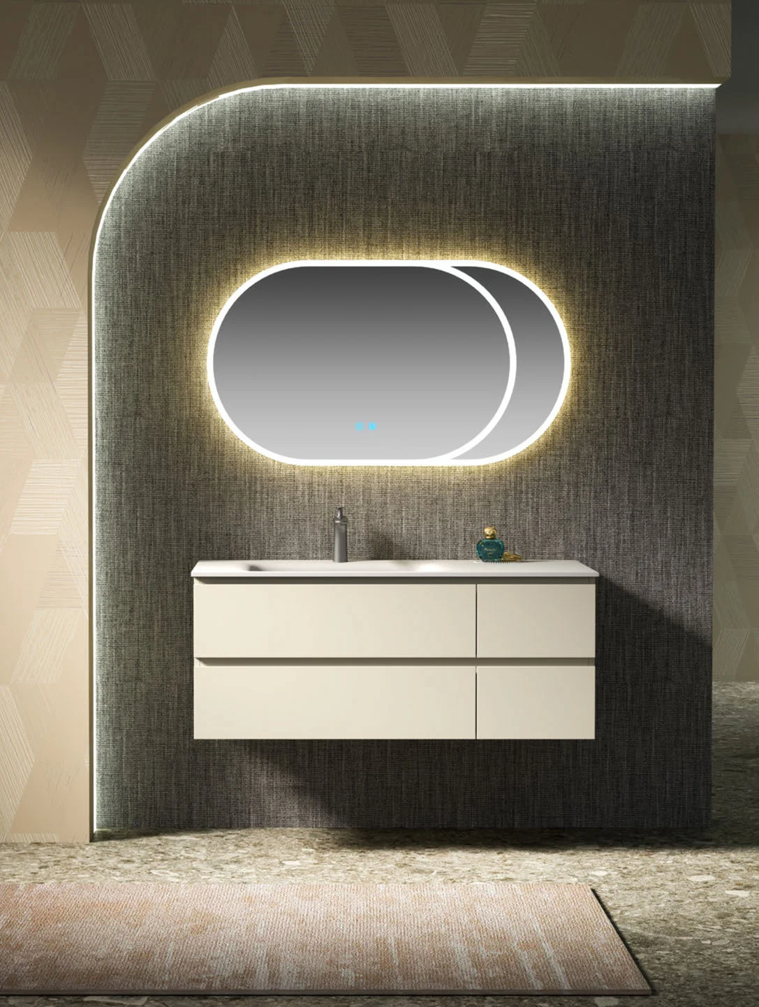 Floating vanity drawer opened below a basin