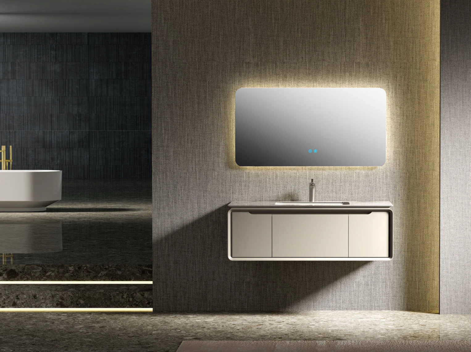 Floating vanity cabinet with drawers and basin service clearances