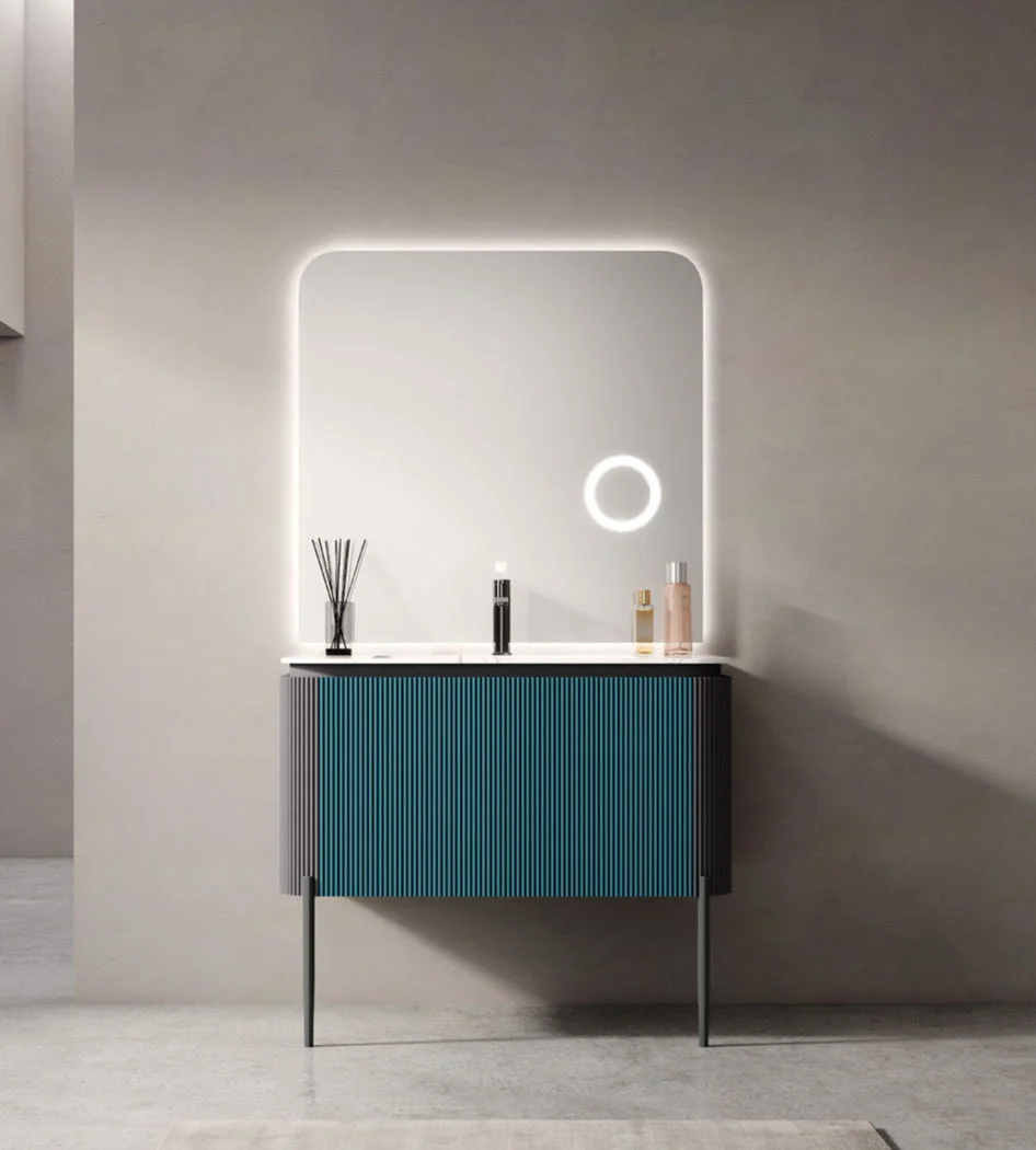 Freestanding bathroom vanity with framed doors and countertop basin