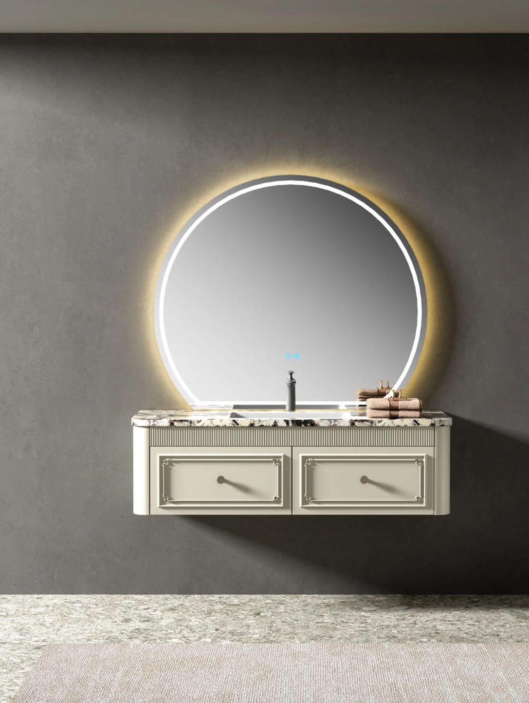 Freestanding vanity with visible legs and drawers