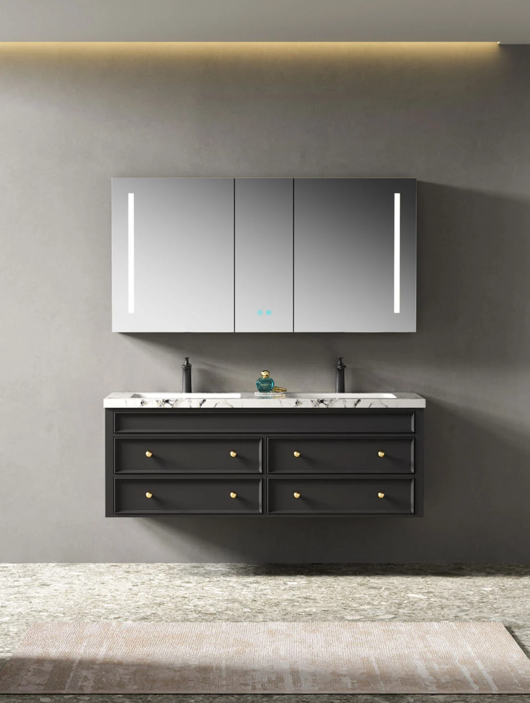 Freestanding vanity showing base, storage and basin arrangement