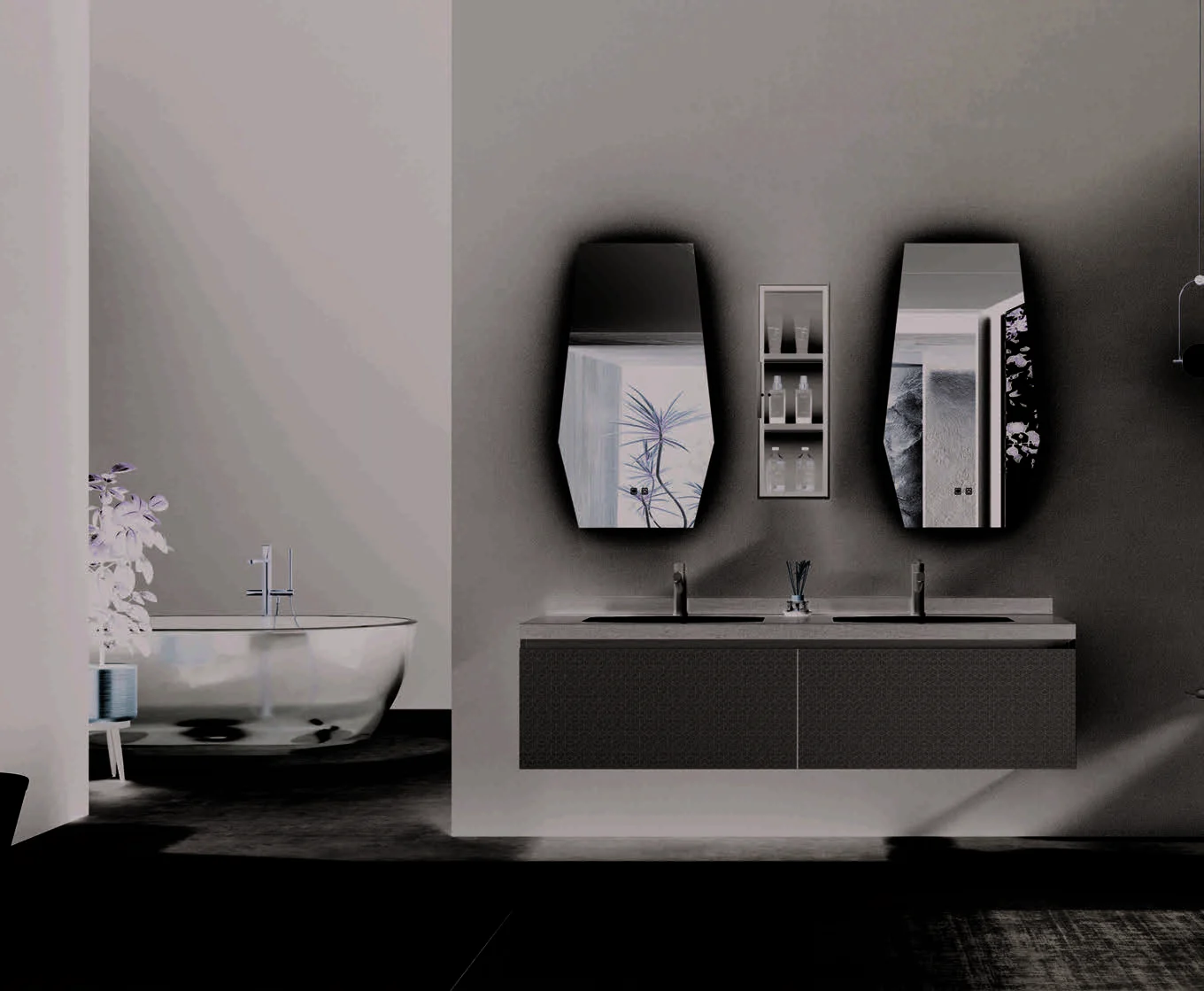 Mirror cabinet doors opened above a vanity