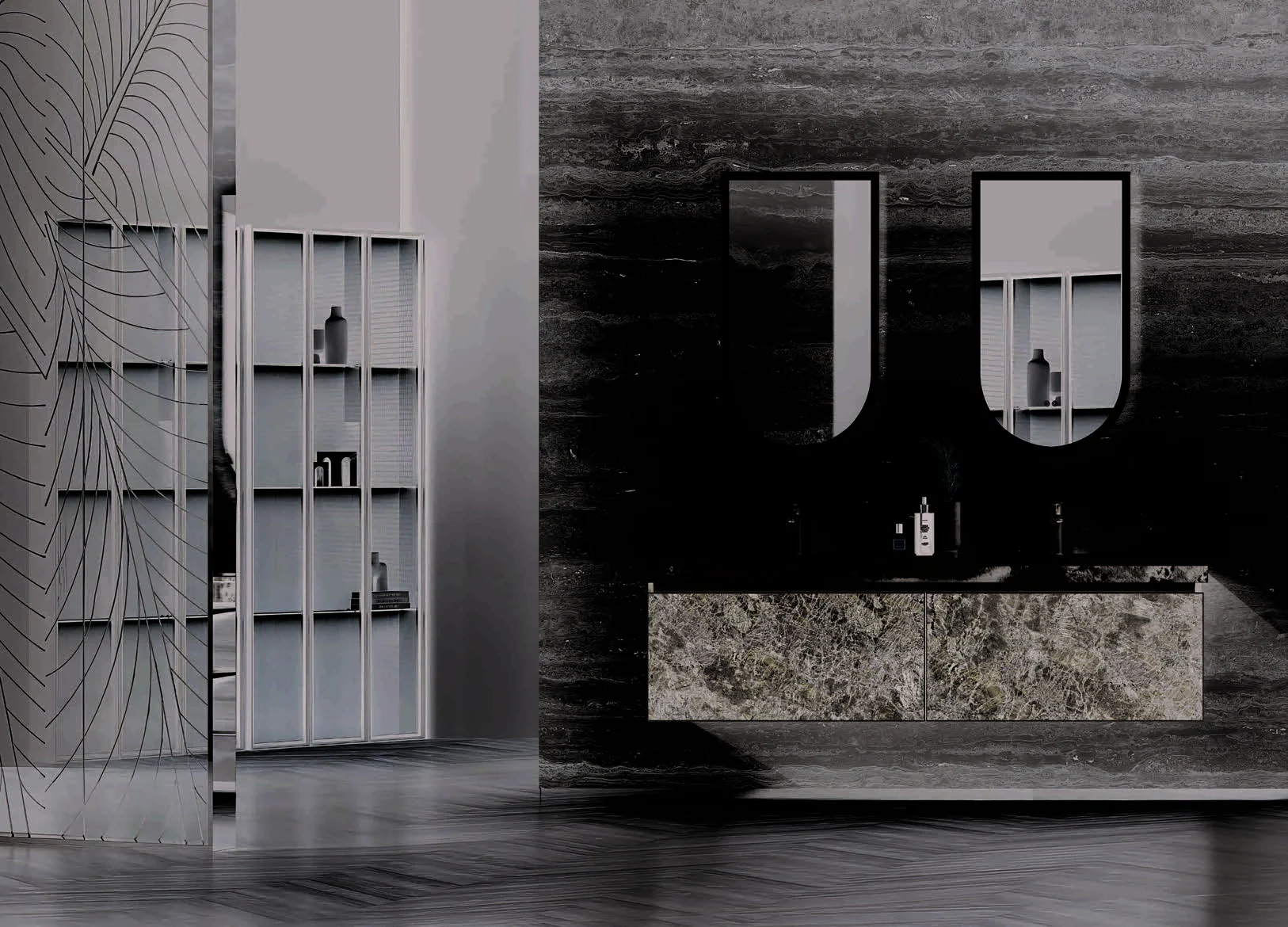 Illuminated mirror storage integrated with bathroom cabinetry