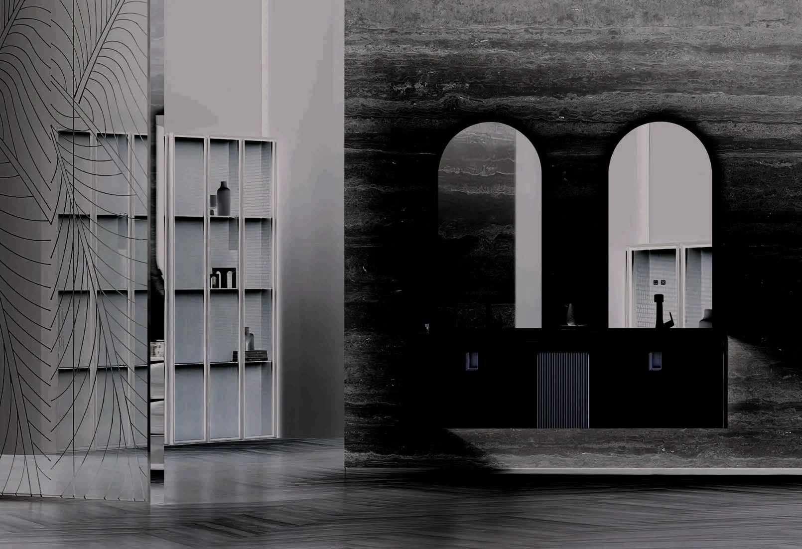 Mirrored bathroom cabinet opened to reveal organised shelves