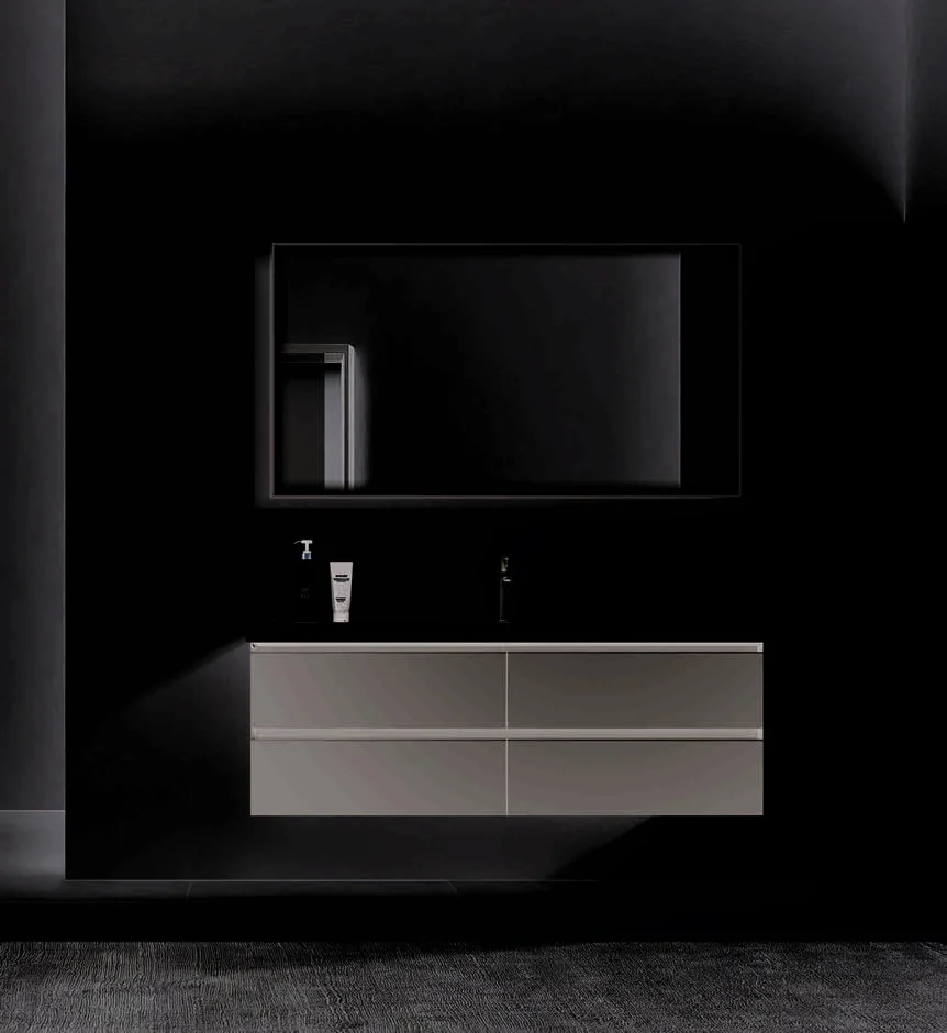 Vanity drawers surrounding the basin service zone