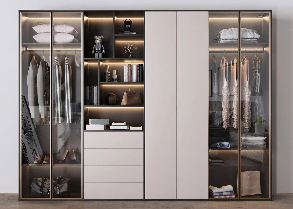 Built-in bedroom wardrobe fitted to wall and ceiling