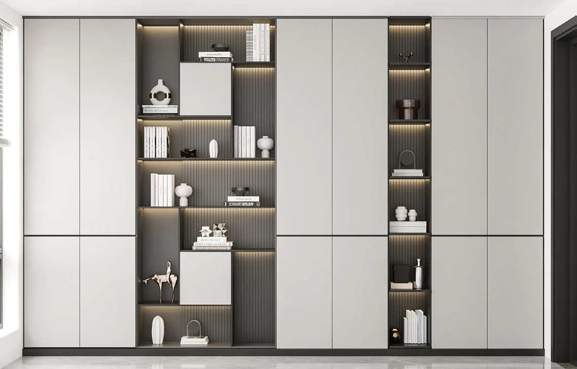 Hinged wardrobe opened to reveal drawers and rails