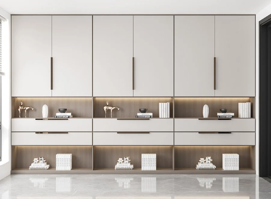Wood-grain melamine wardrobe with open and closed storage