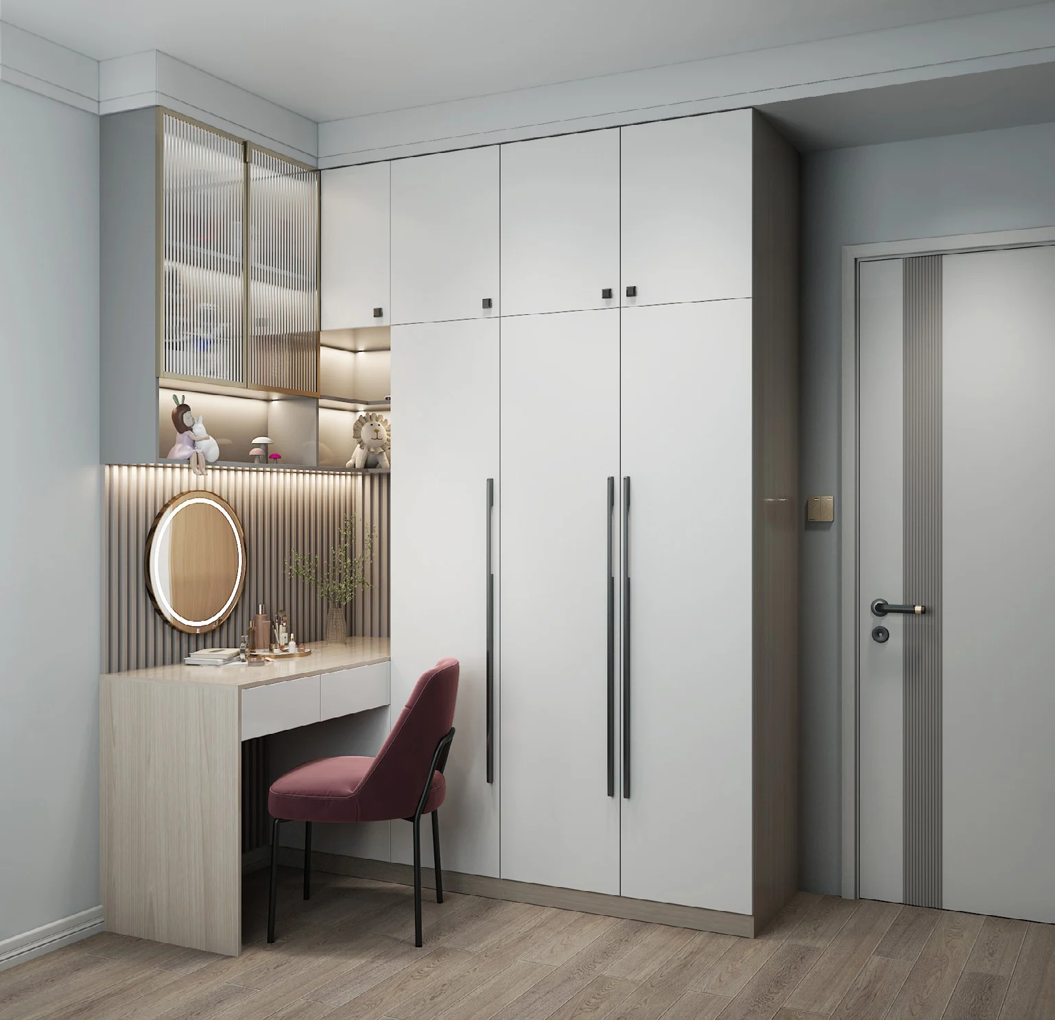 Wood-grain melamine wardrobe with vertical grain