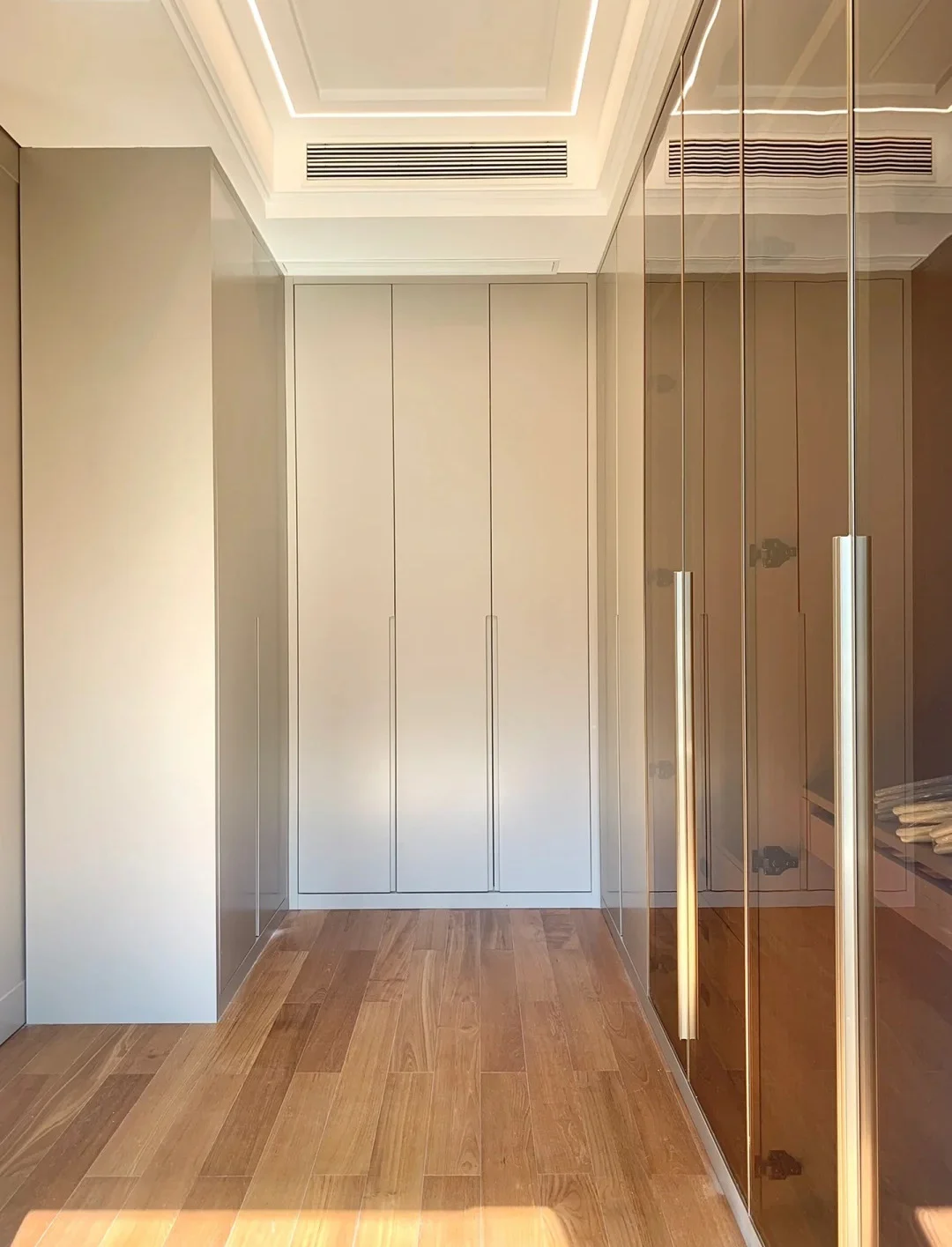 Melamine wardrobe interior with open shelves and drawers