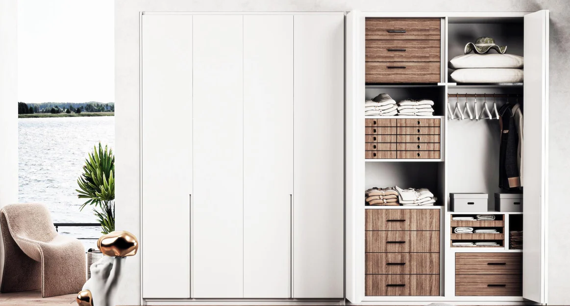 Melamine wardrobe showing wood grain doors and internal shelves