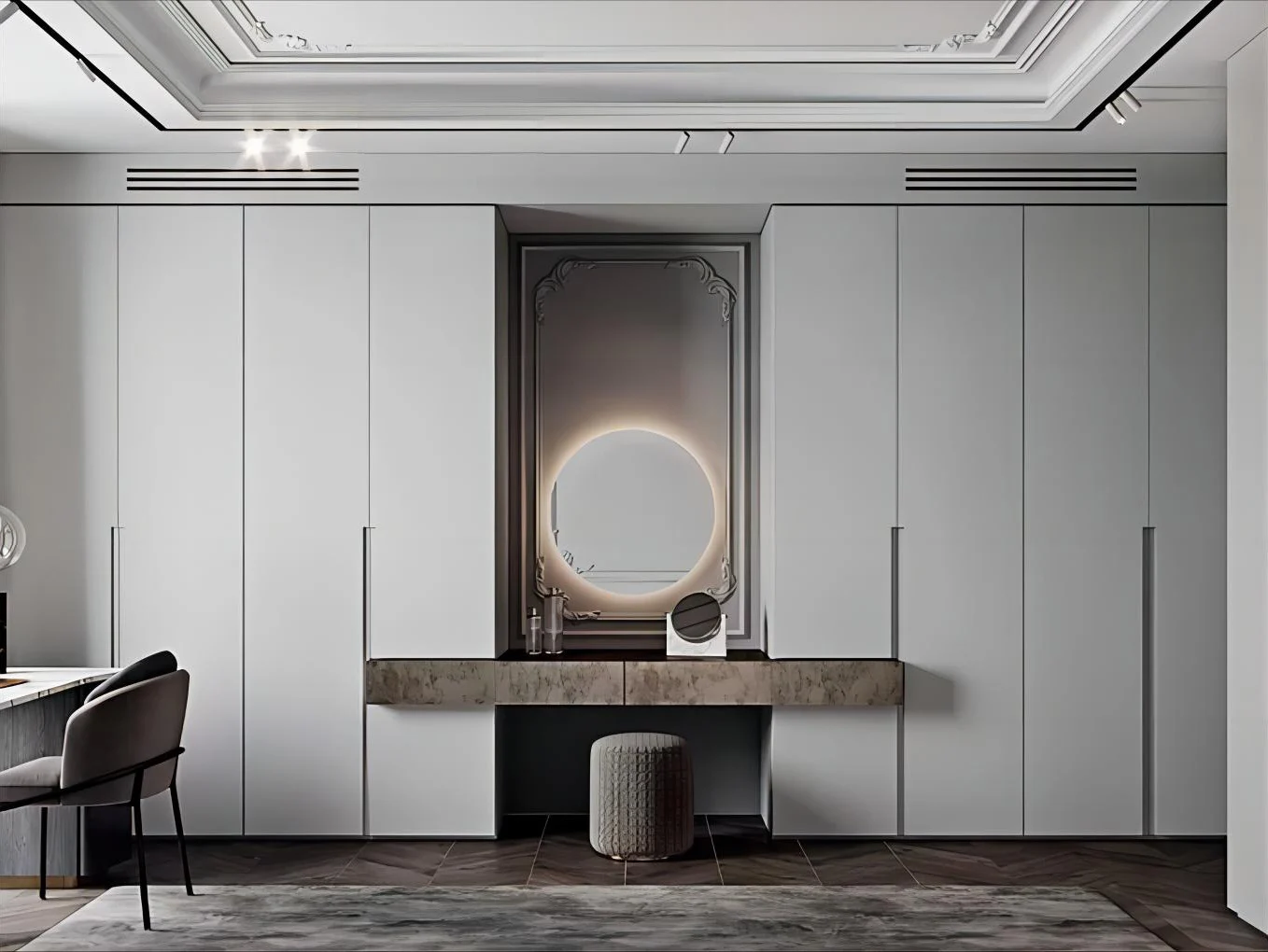 Modern wardrobe combining open shelves and closed storage