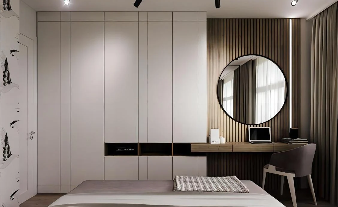 Modern wardrobe elevation with organised internal compartments