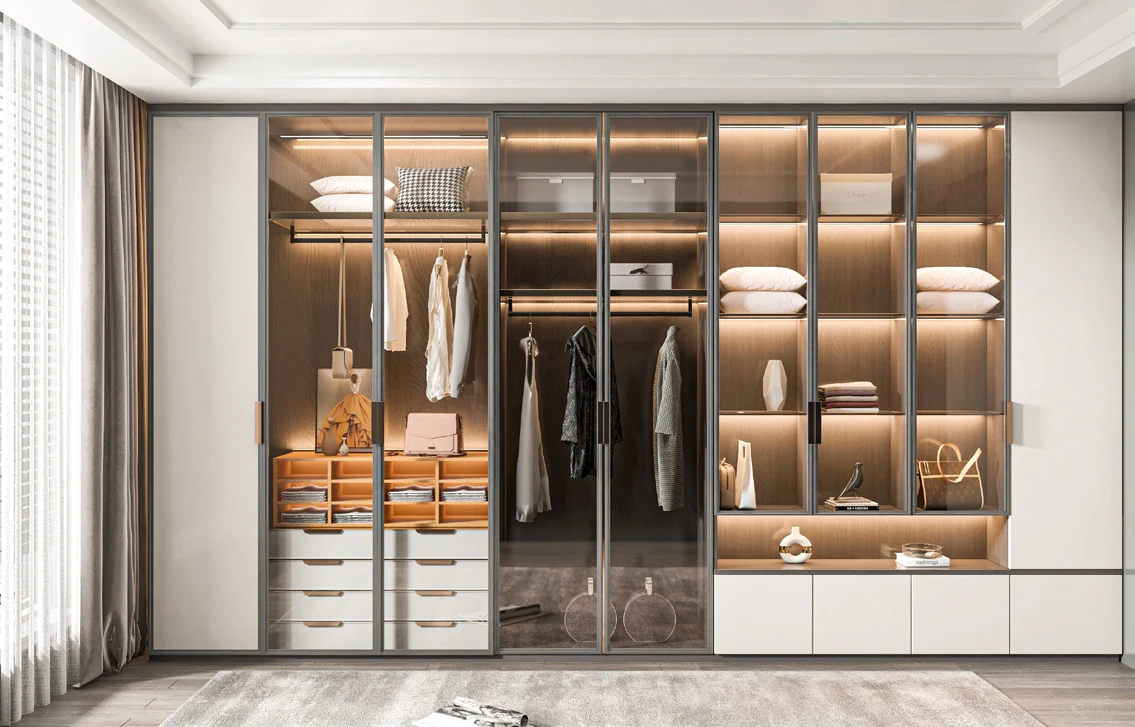 Framed sliding wardrobe with multiple panel tracks