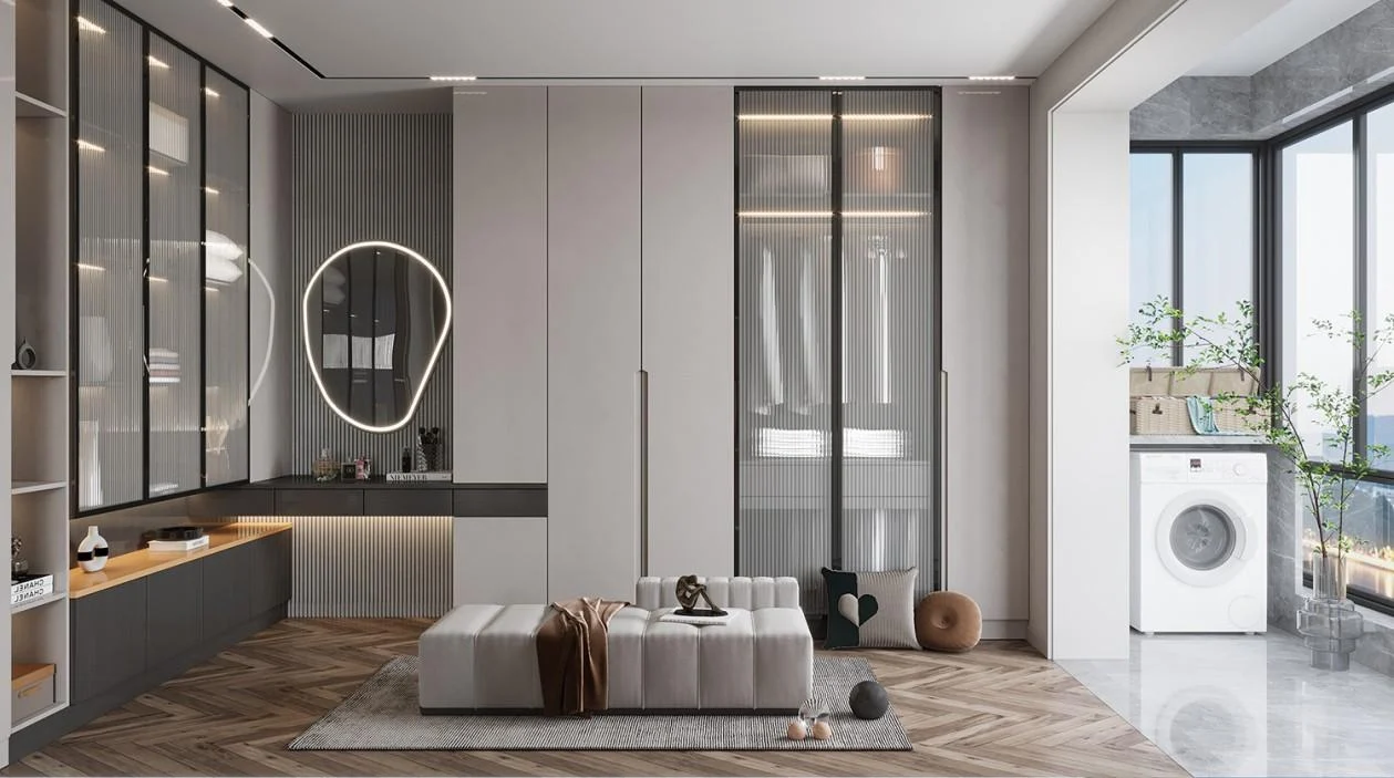 Walk-in closet with perimeter storage