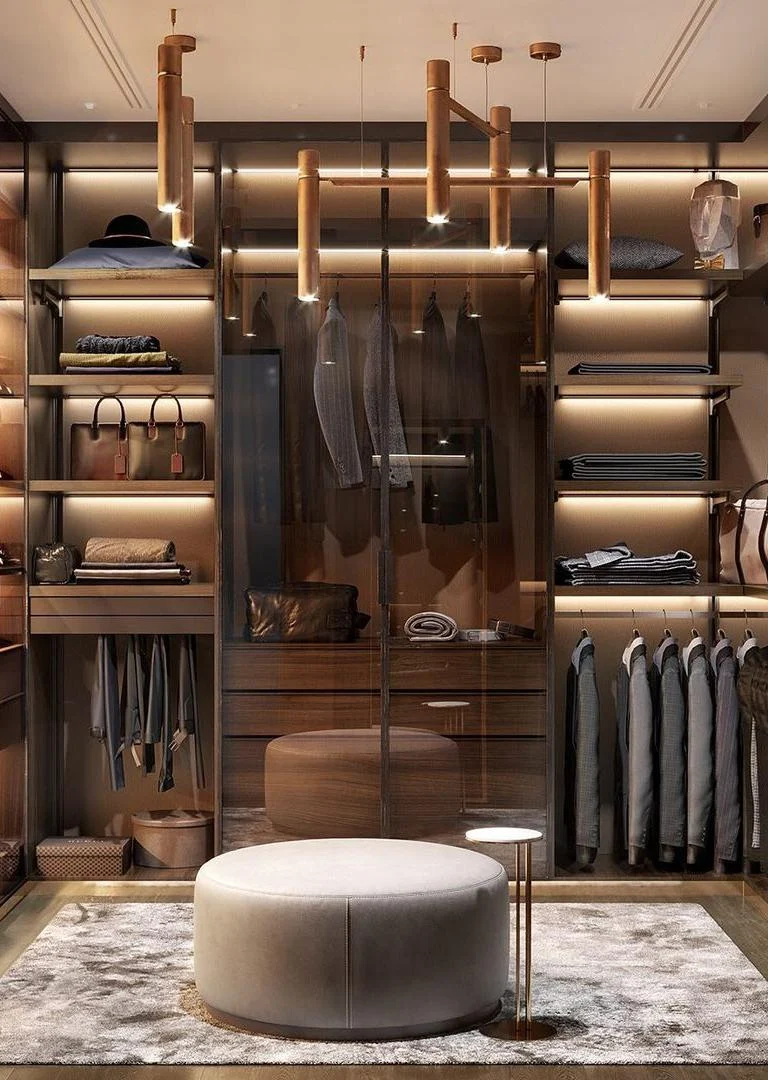 Walk-in closet with central storage island