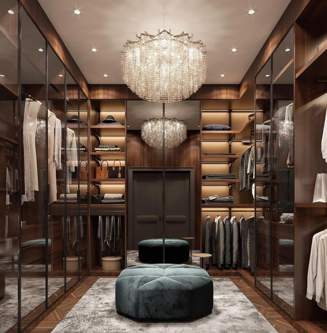 Dressing room island with surrounding storage
