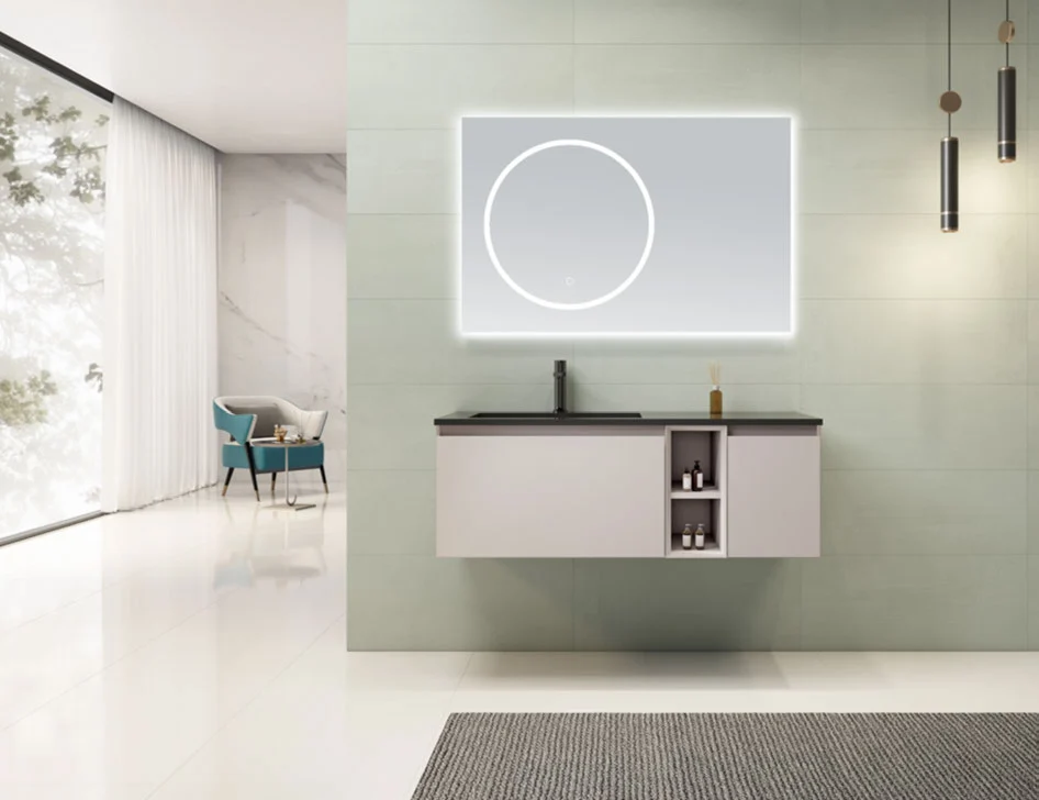 Wall-hung bathroom vanity with drawers and illuminated mirror