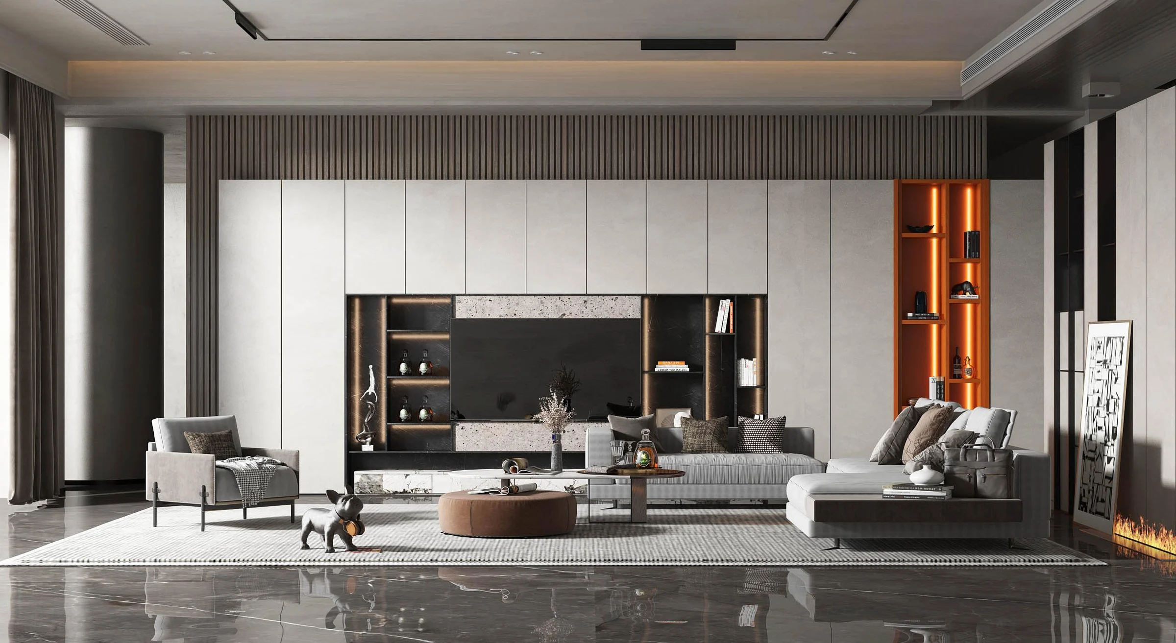 Custom living-room wall cabinetry surrounding a television