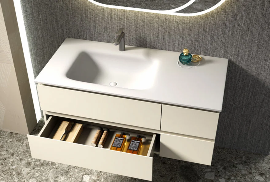 Wall-hung bathroom vanity with open internal drawer storage