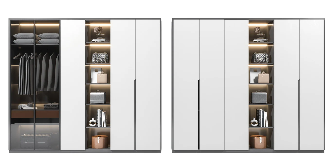 Wardrobe configurations showing open storage and closed door arrangements