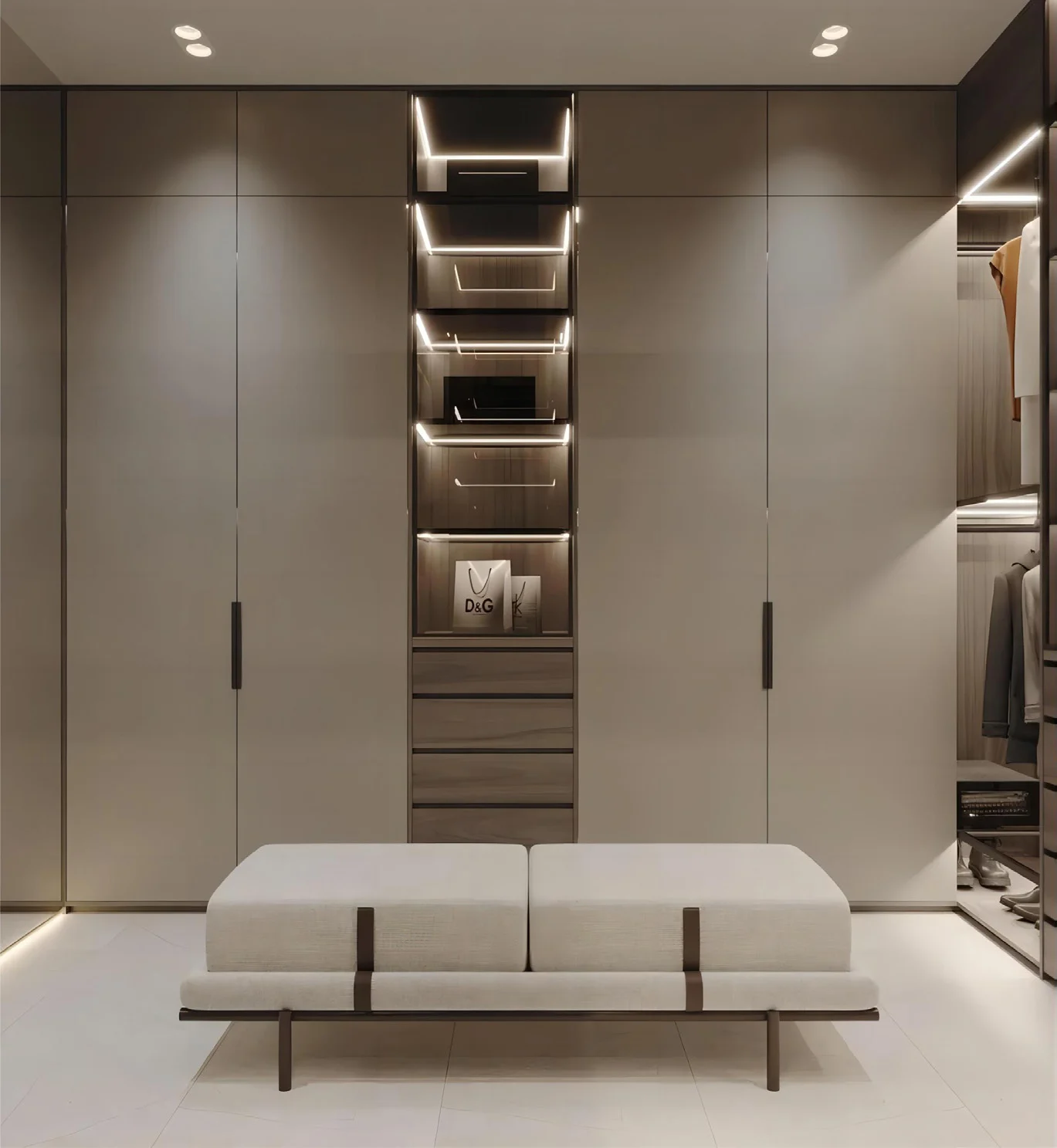 Fitted wardrobe with open display and internal lighting