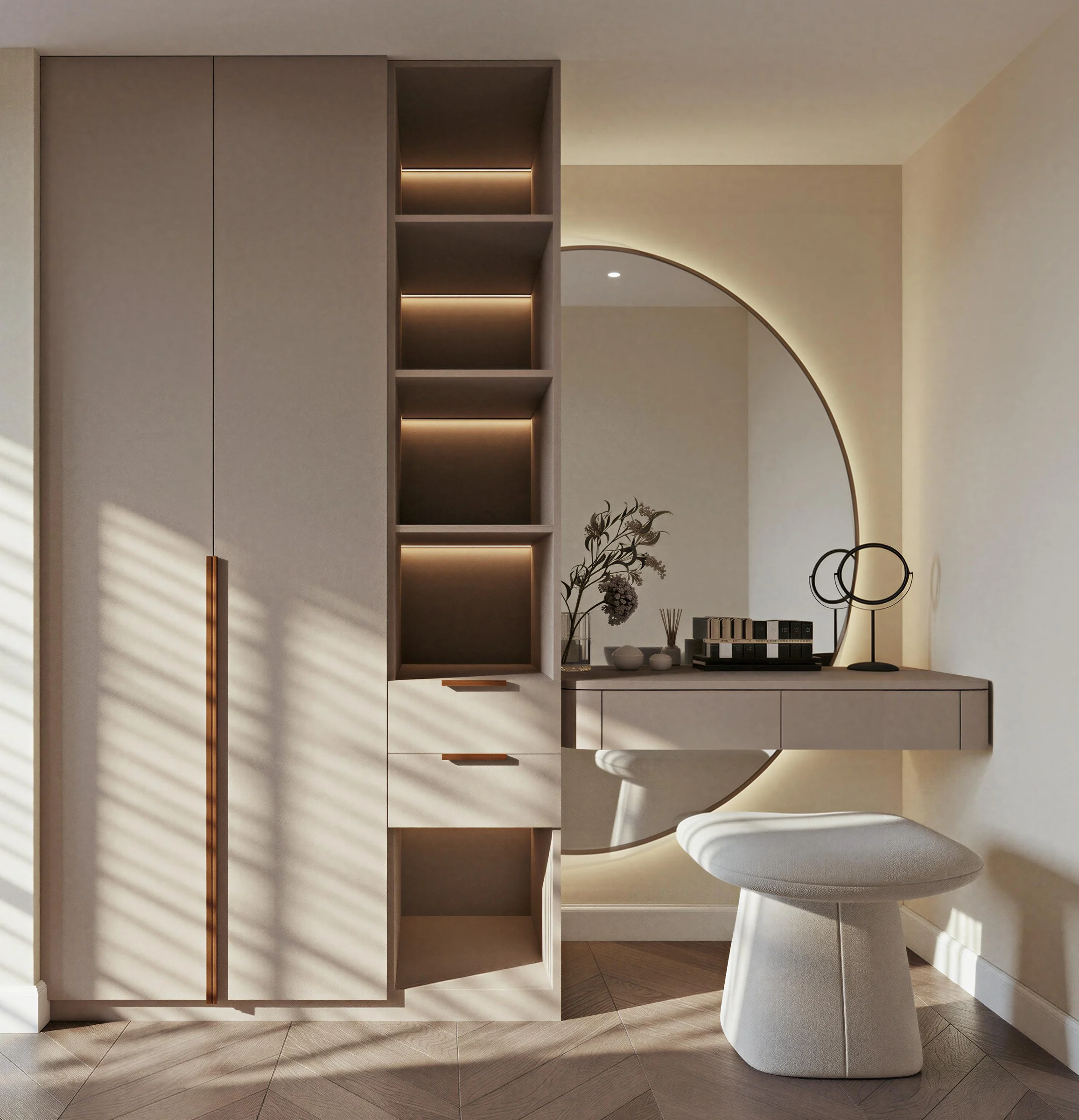 Hospitality vanity and dressing-area cabinetry reference