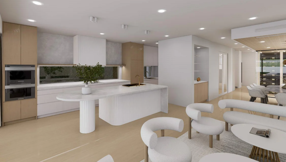 Whole-home cabinetry concept connecting kitchen, dining and living spaces