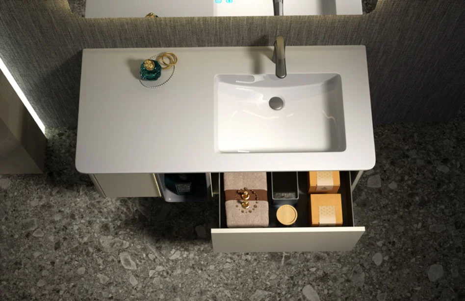 Bathroom vanity drawer and internal storage detail for product review