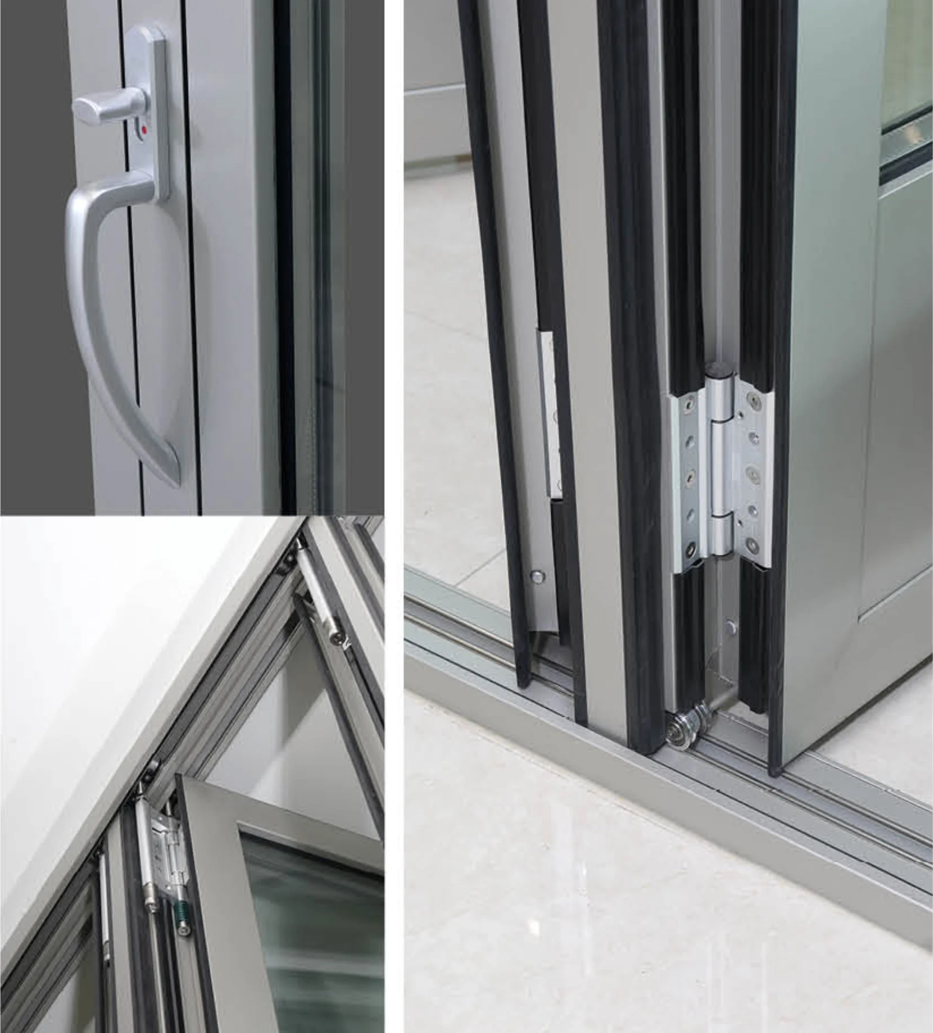 Close-up photographs of aluminum folding door handles, hinges, seals and track hardware