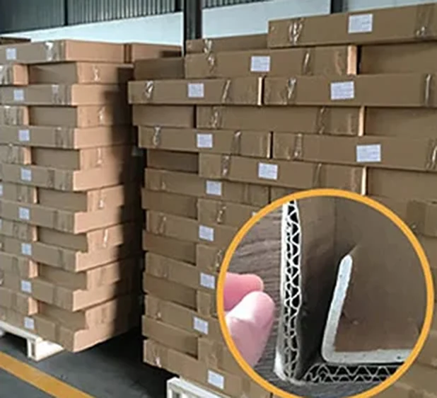 Labeled flat-pack cartons stacked on pallets