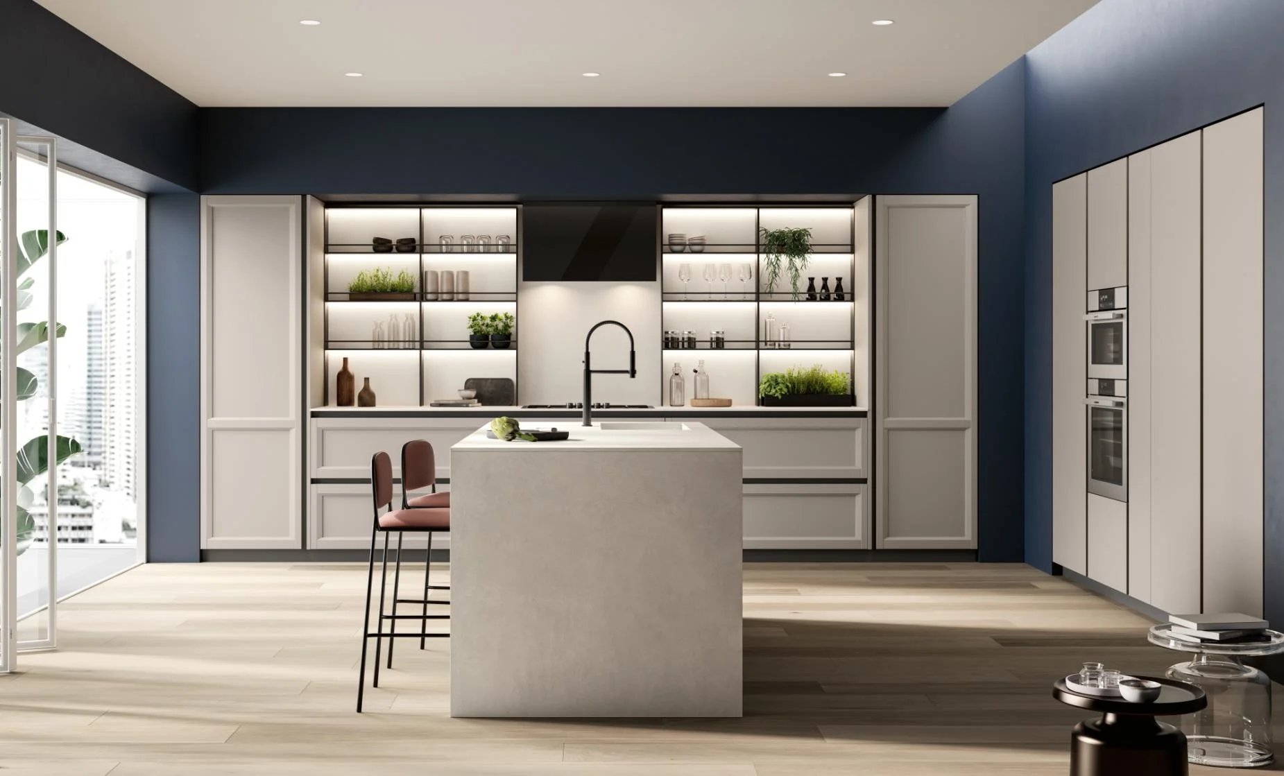 Blue grey Shaker kitchen cabinetry with island